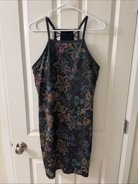 Prana Floral Halter Midi Dress in Black with Pastel Floral Print